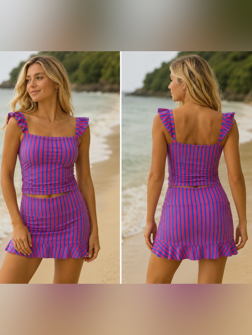 Albion Women’s M/L Bella Pink Blue Striped Tankini & High-Waisted Swim Skirt Set